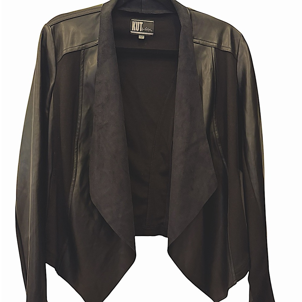 (1001) EUC.  KUT from the Kloth black faux leather suede open front jacket